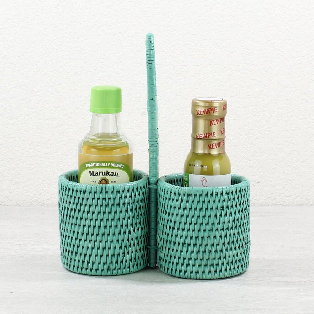 NEW Tight Woven Rattan Dual-Case Condiment Holder-Turquoise